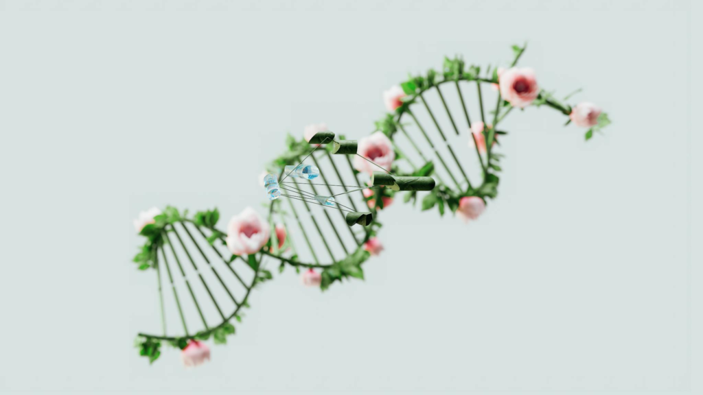 A conceptual representation of a DNA helix adorned with pink flowers and green leaves.